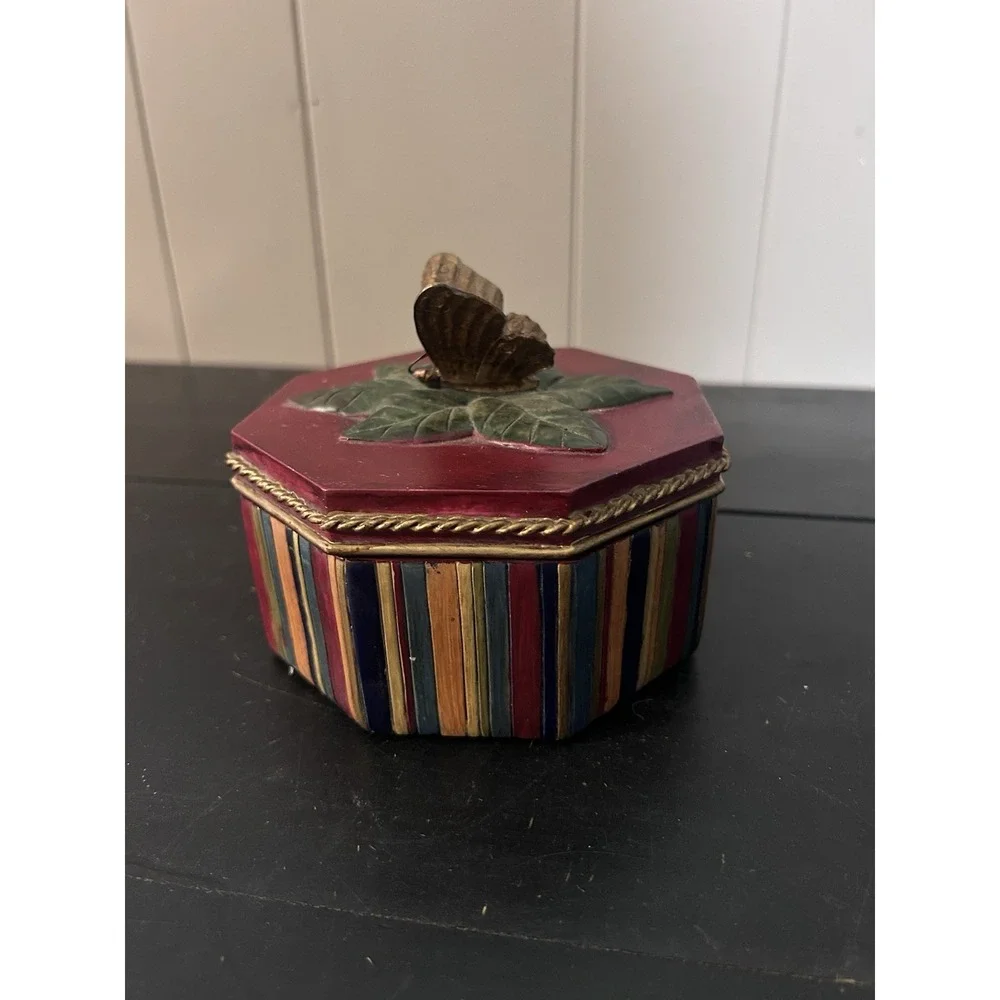 Decorative Hand Painted Butterfly Trinket Box Red Multicolor Striped Gold Trim